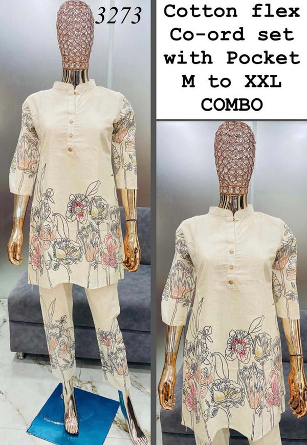 Elegant Beige Floral Cord Set with Pocket
