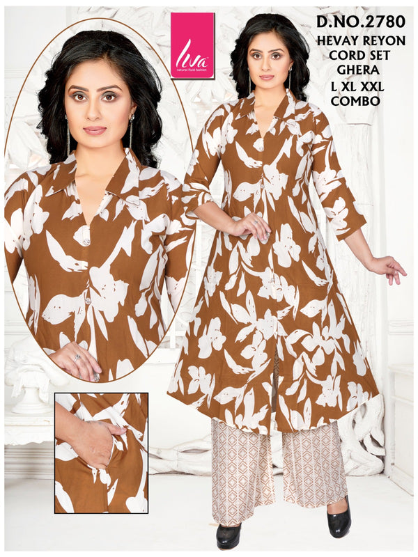 Chic Brown Floral Heavy Reyon Ghera Cord Set