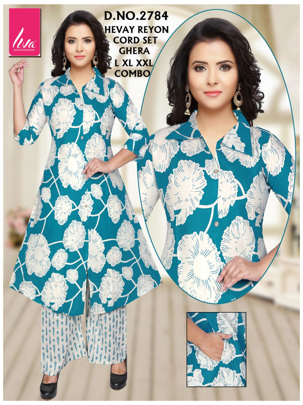 Teal Blue Floral Heavy Reyon Ghera Cord Set