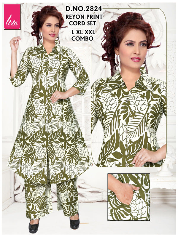 Elegant Green Leaf Print Reyon Cord Set