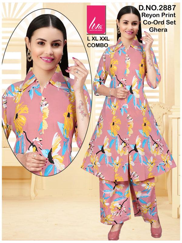 Stylish Pink Floral Rayon Cord Set