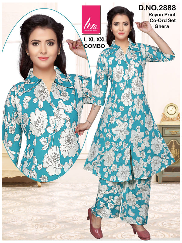 Turquoise Bloom: Floral Rayon Ghera Cord Set