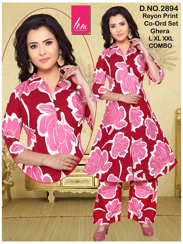 Maroon & Pink Floral Cord Set in Premium Rayon