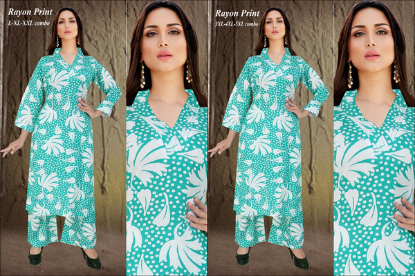 Green & White Floral Rayon Kurta Set