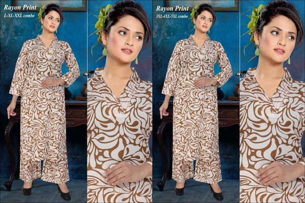 Elegant Swirl: Brown & White Rayon Printed Kurta Set