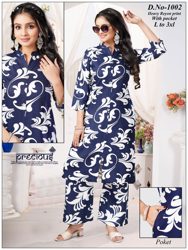 Navy Blue & White Designer Rayon Kurta Set