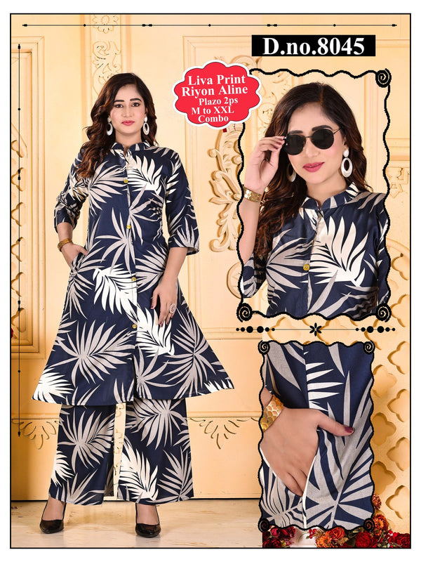 Print Navy Blue A-Line Kurta with Palazzo Set