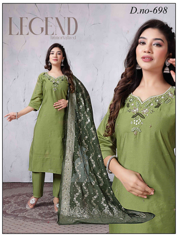 Olive Green Embroidered Suit with Net Dupatta