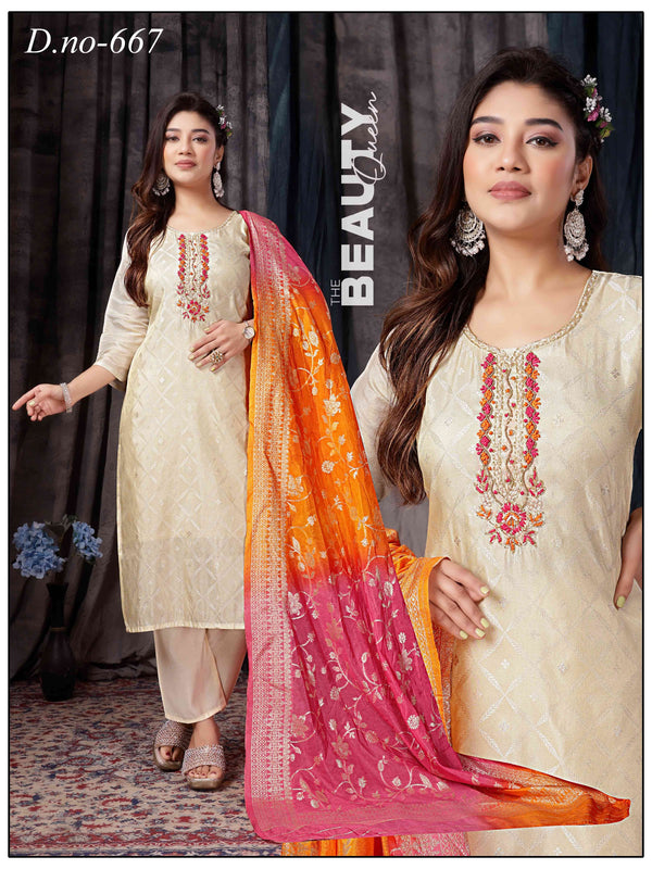 Ivory Gold Salwar Suit with Vibrant Pink-Orange Embroidered Dupatta