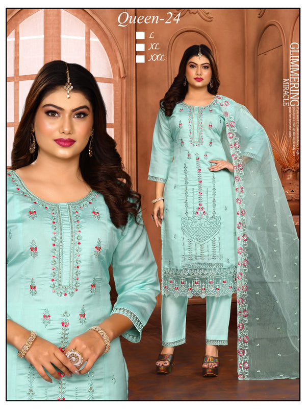 Elegant Mint Green Embroidered 3-Piece Suit Set