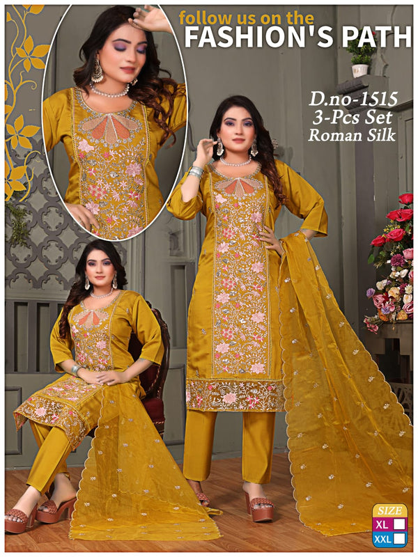 Mustard Floral Embroidered Roman Silk Suit