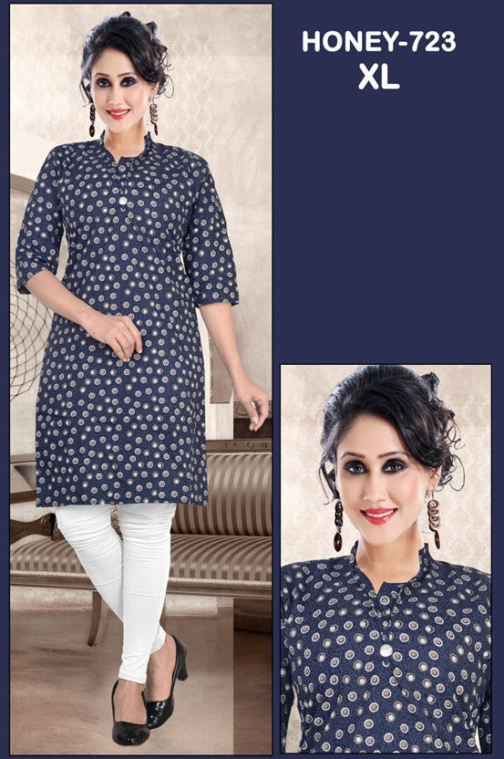 Elegant Navy Blue Printed Kurti – Size XL