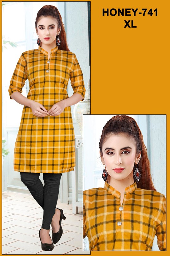 Mustard Yellow Checked Kurti – Size XL