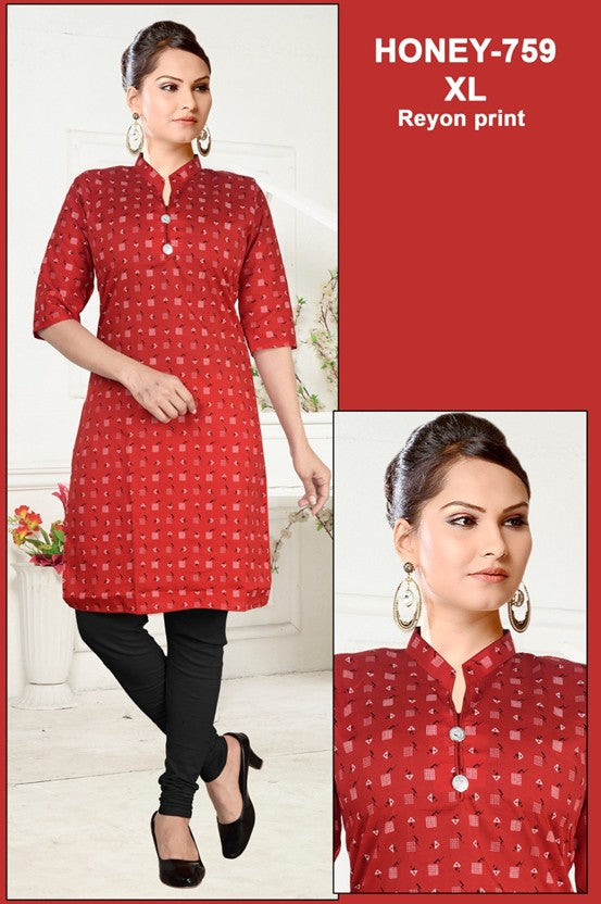 Red Rayon Printed Kurti