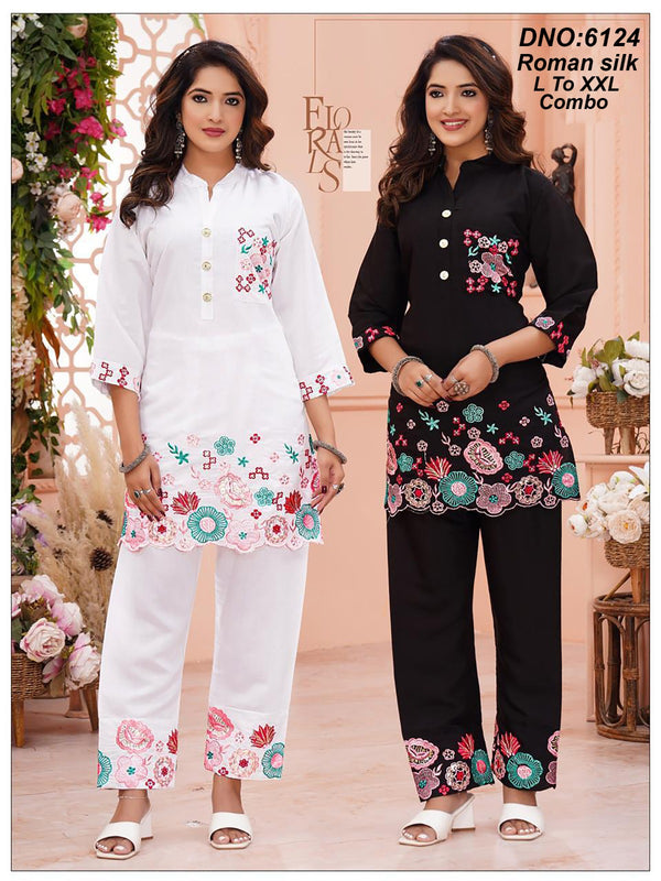 Roman Silk Floral Embroidered Kurti Pant Combo